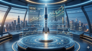 Rocket launch in futuristic financial setting