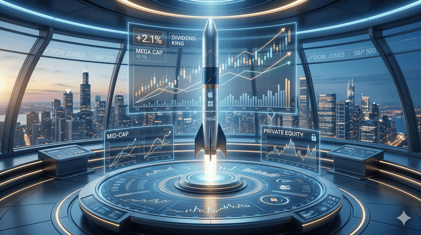 Rocket launch in futuristic financial setting